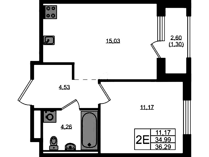 1-комнатная квартира 36.29 м², 7/12 эт., ЖК «GloraX Новоселье»